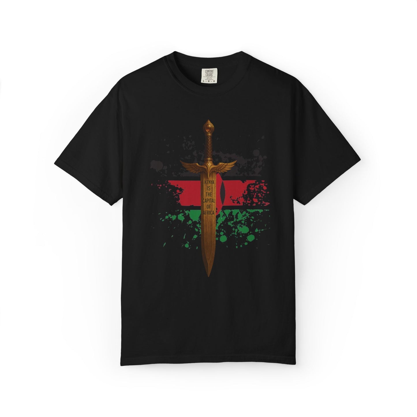 Mashafrica black T shirt with central golden sword graphic over red and green paint splatter