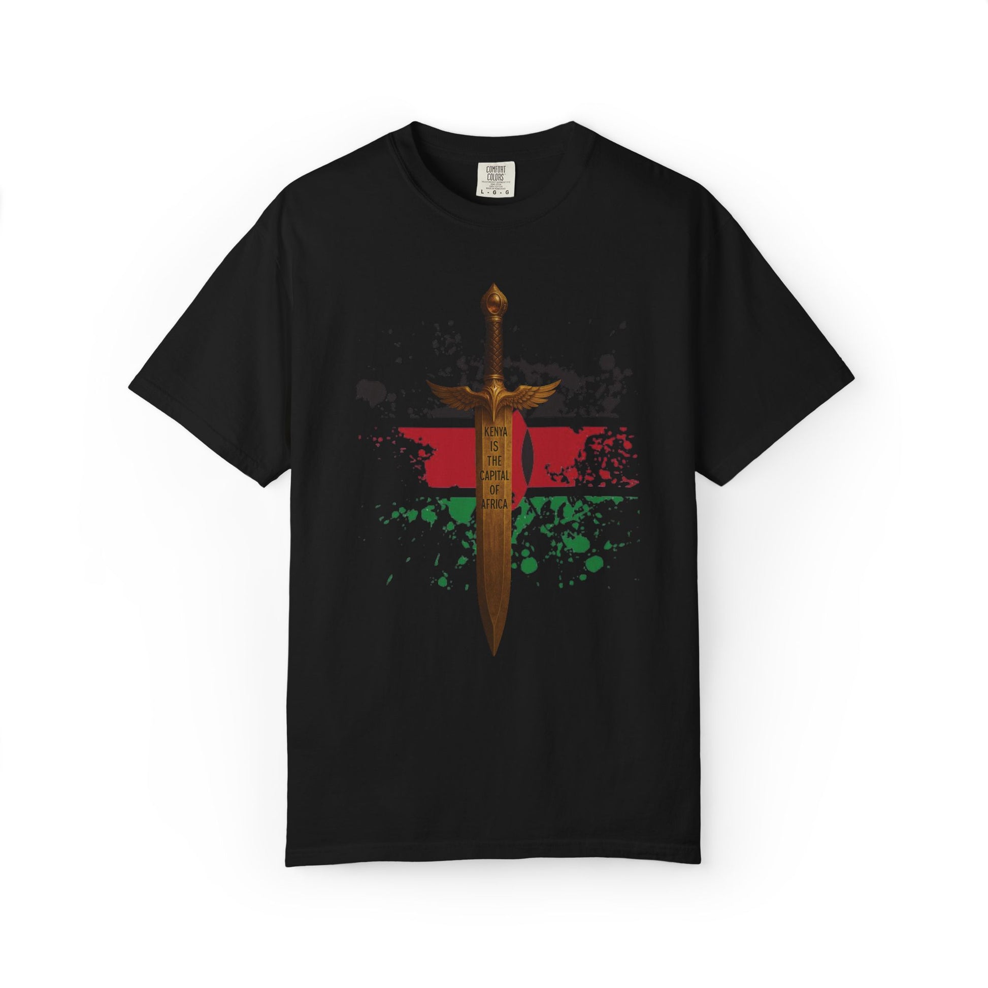 Mashafrica black T shirt with central golden sword graphic over red and green paint splatter