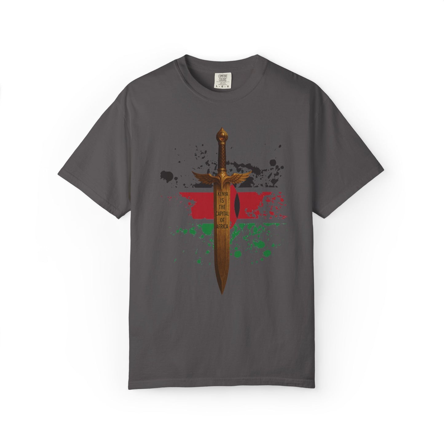 Mashafrica gray T shirt featuring a stylized golden sword graphic over red and green paint splatter
