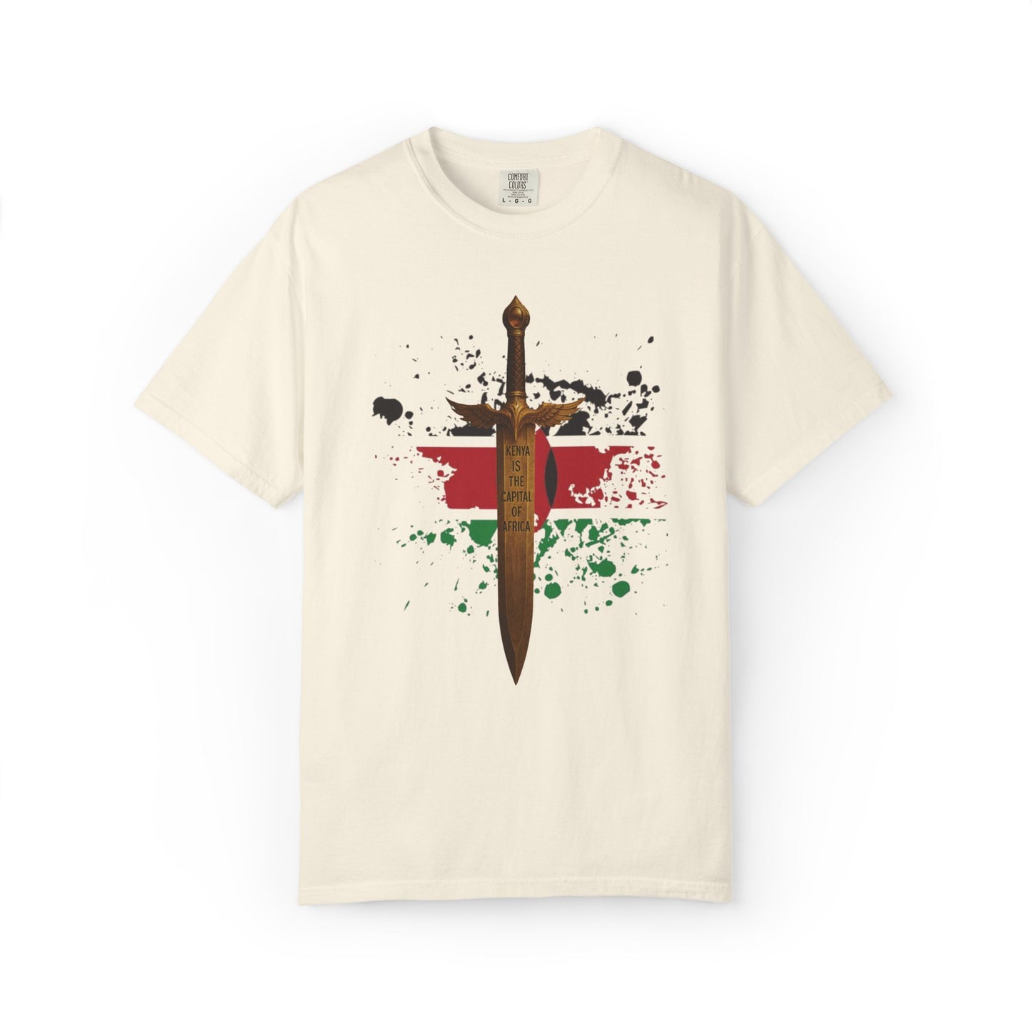 Mashafrica cream T shirt featuring a central sword over Kenya flag colors with paint splatter background