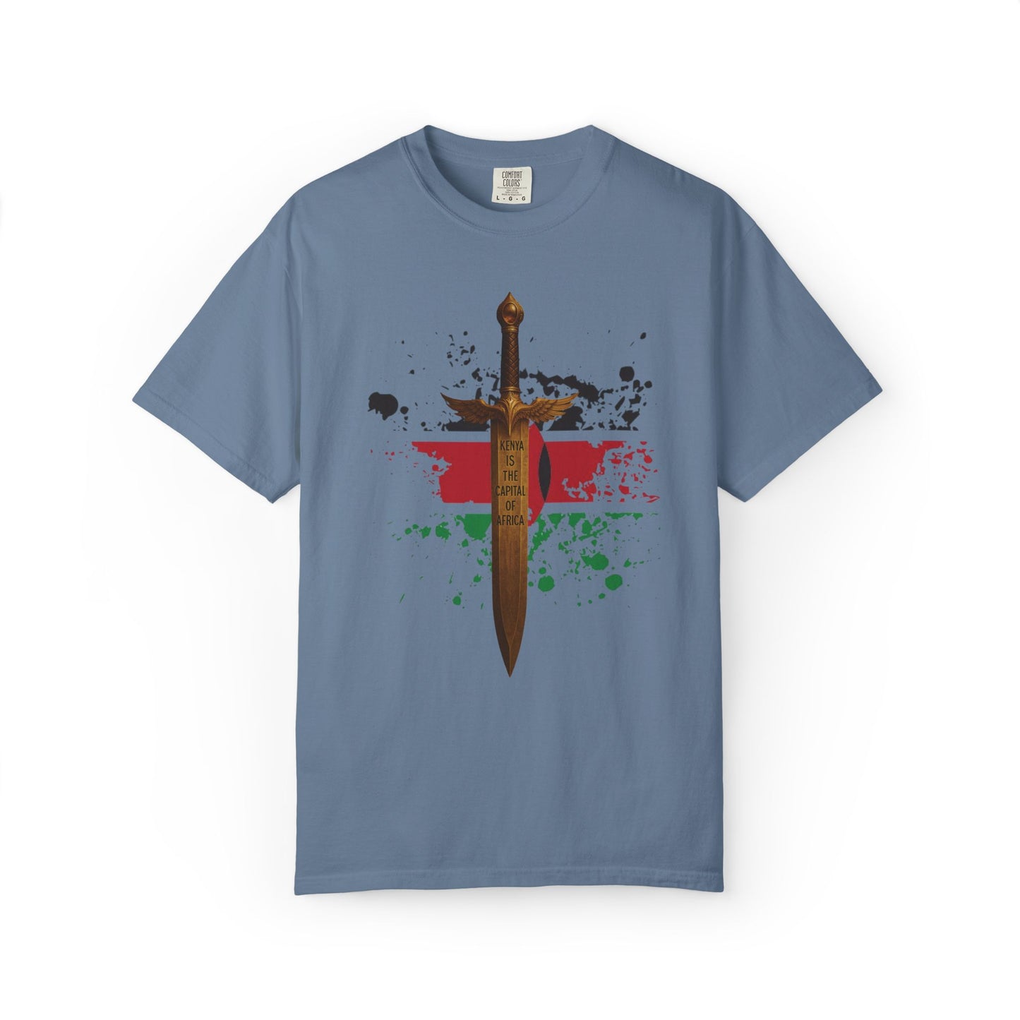 Mashafrica blue T shirt with central ornate sword graphic over red black and green paint splatter design