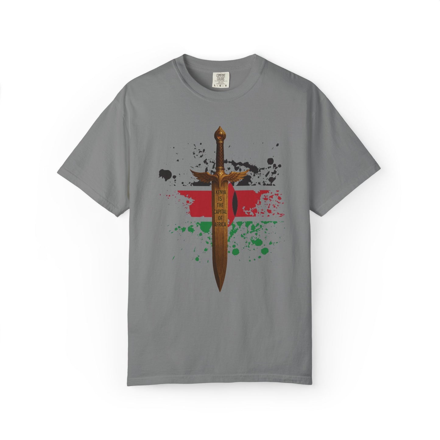 Mashafrica gray T shirt featuring ornate sword graphic over red black green splatter background