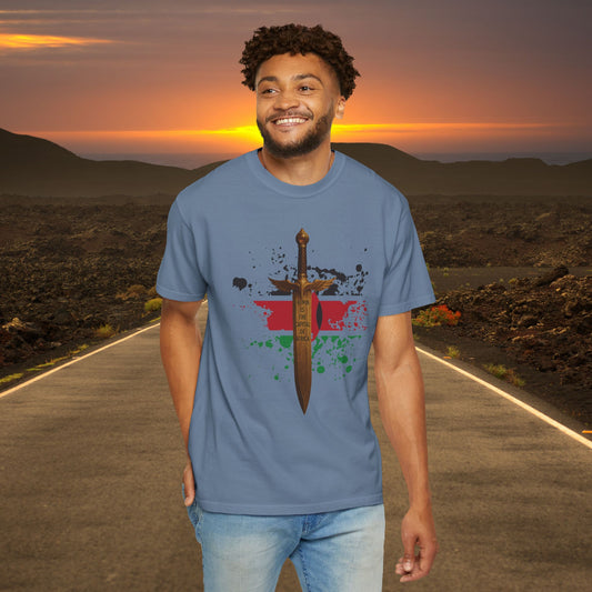 Mashafrica blue T shirt featuring a central sword graphic over red black green flag with paint splatter