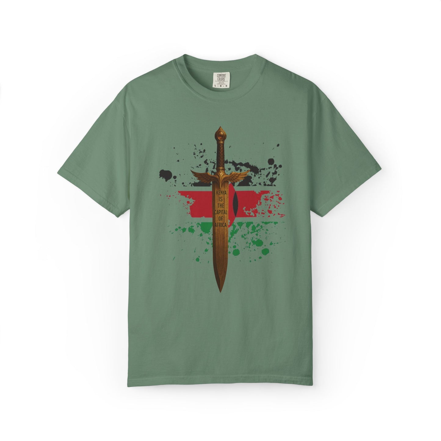 Mashafrica green T shirt with central brown sword graphic over red and green paint splatter design