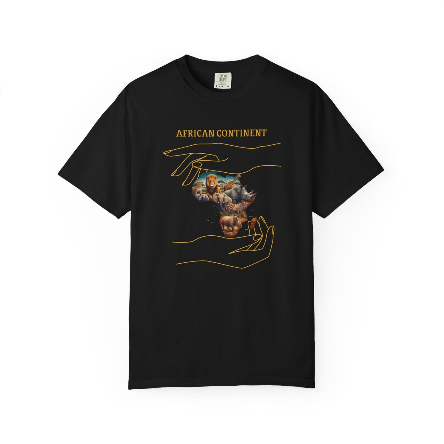 Mashafrica black T shirt with africa themed wildlife collage and gold hand outlines casual graphic tee