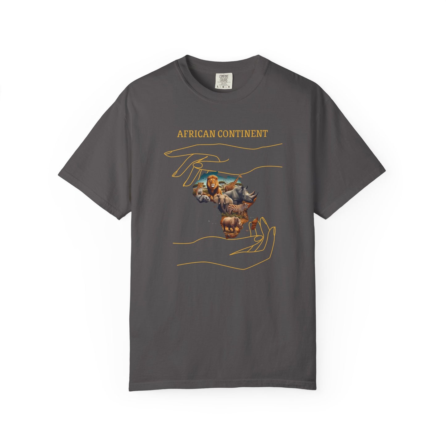 Mashafrica dark gray T shirt with africa collage print of lions elephants and rhinos forming continent inside gold hands
