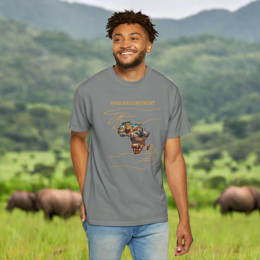 Gray Mashafrica T shirt showing map of africa with wildlife collage and protective hands design