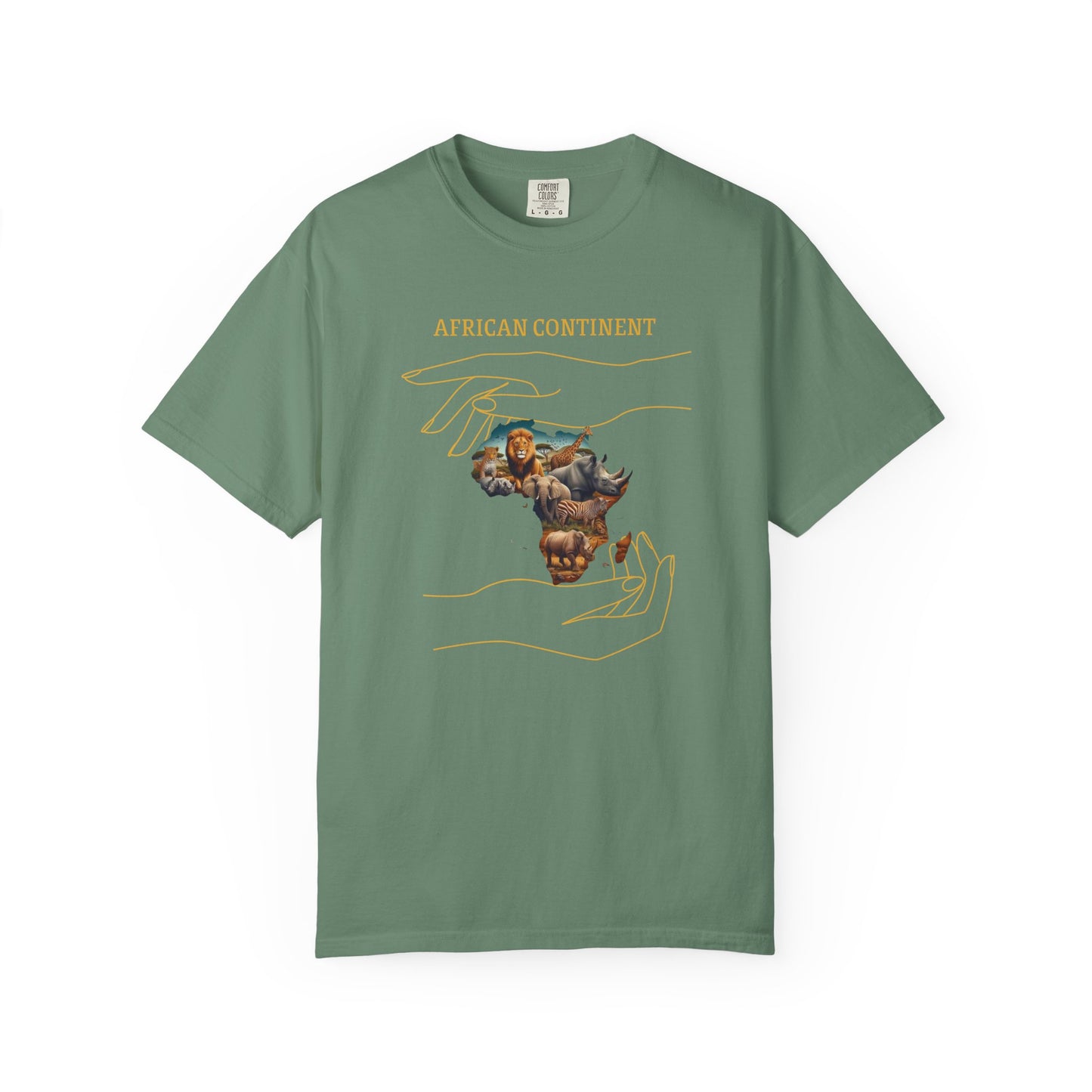 Mashafrica green T shirt with africa map formed by wildlife inside hands and African Continent text