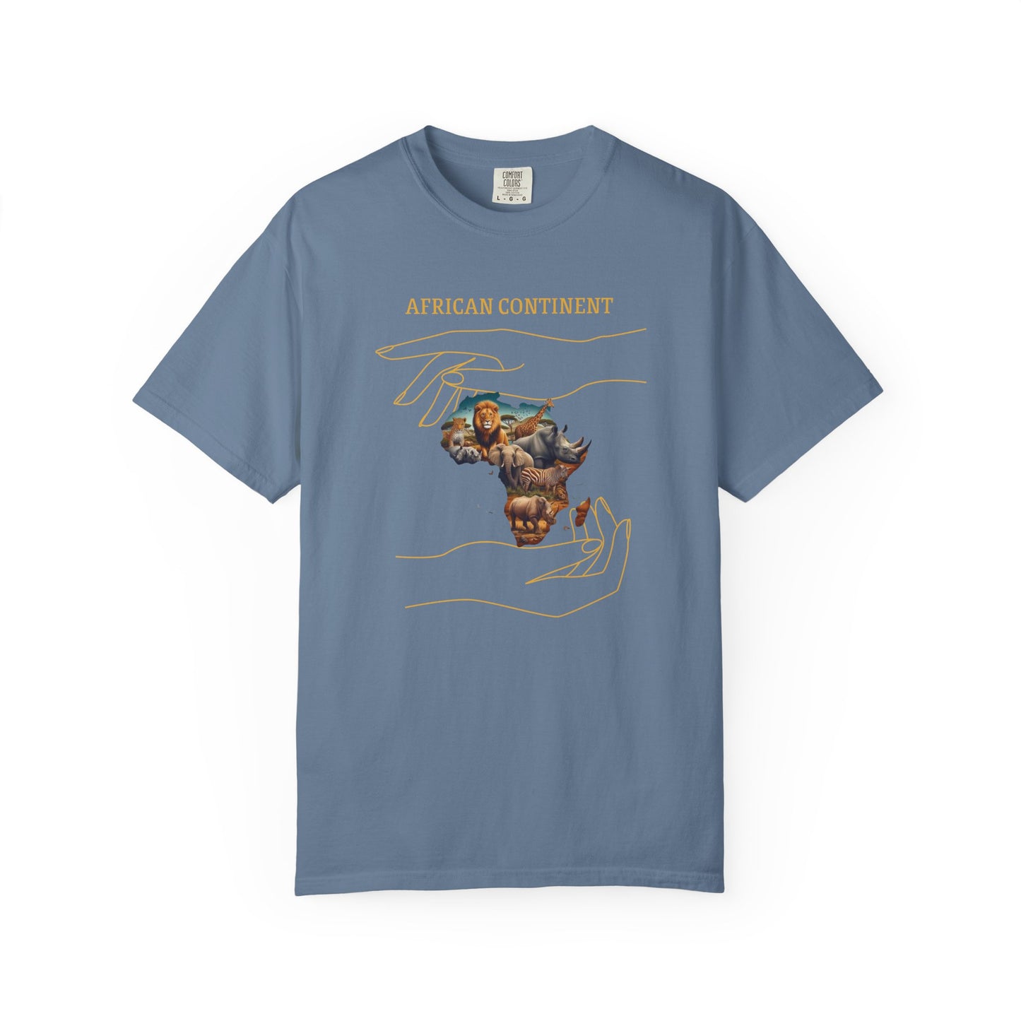 Mashafrica blue T shirt with illustrated africa continent graphic hands wildlife and cultural motifs