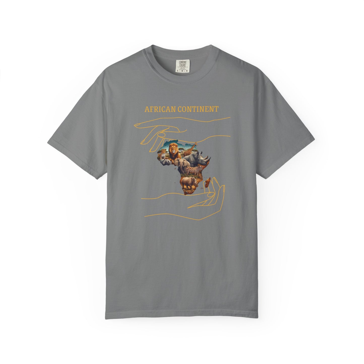 Mashafrica grey T shirt with African continent illustration and protective hands design celebrating africa heritage