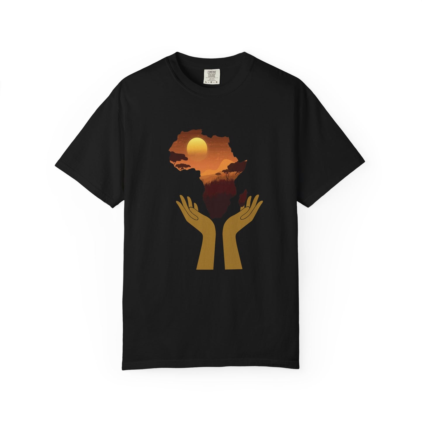Mashafrica black T shirt with stylized africa sunset map graphic and gold hands holding savanna scene
