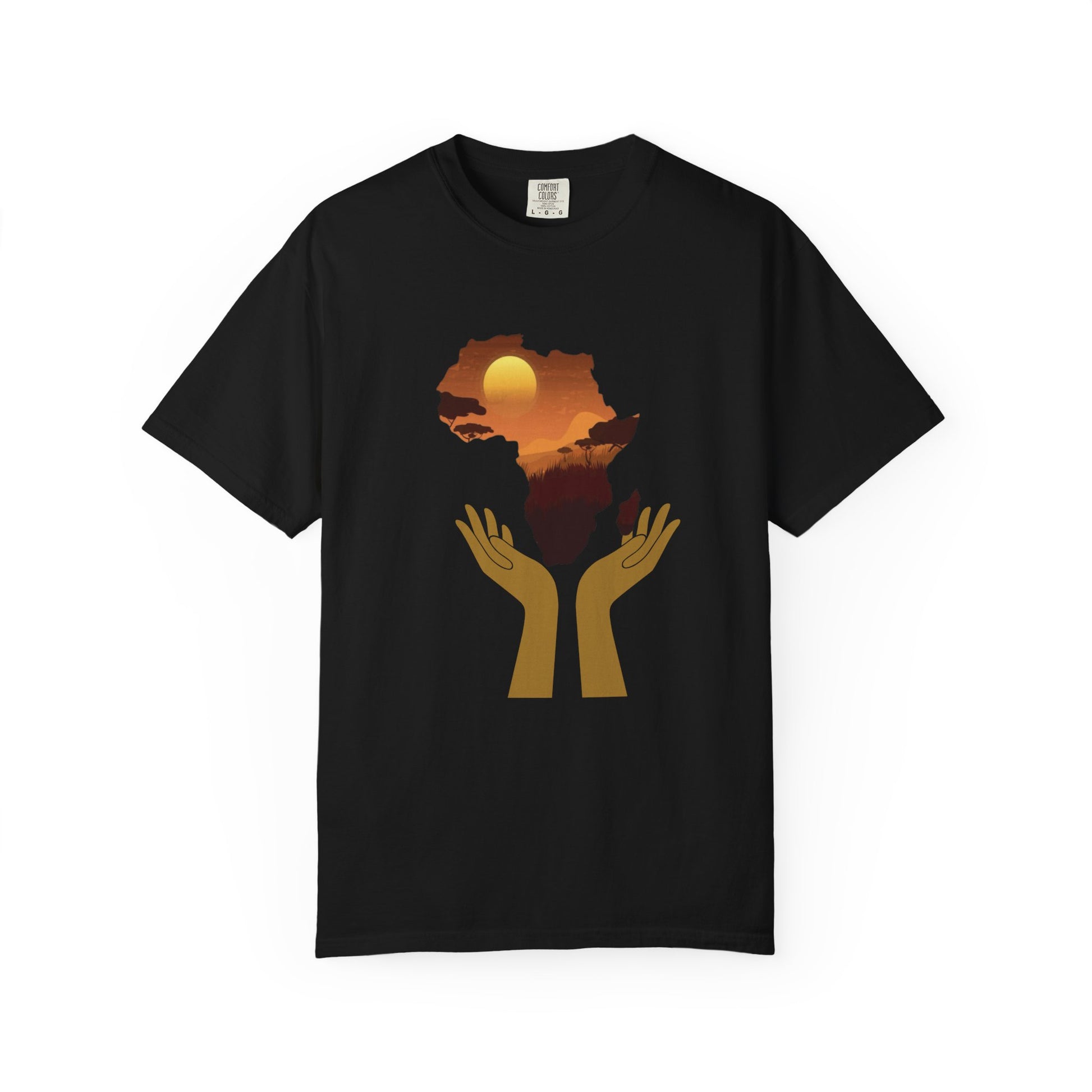 Mashafrica black T shirt with stylized africa sunset map graphic and gold hands holding savanna scene