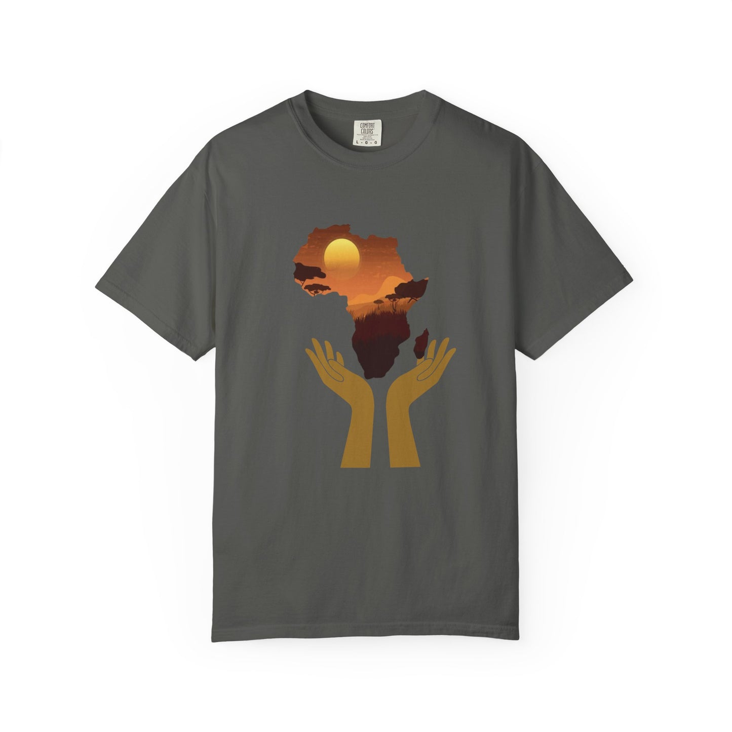Dark gray Mashafrica T Shirt featuring africa silhouette sunset landscape held by stylized golden hands