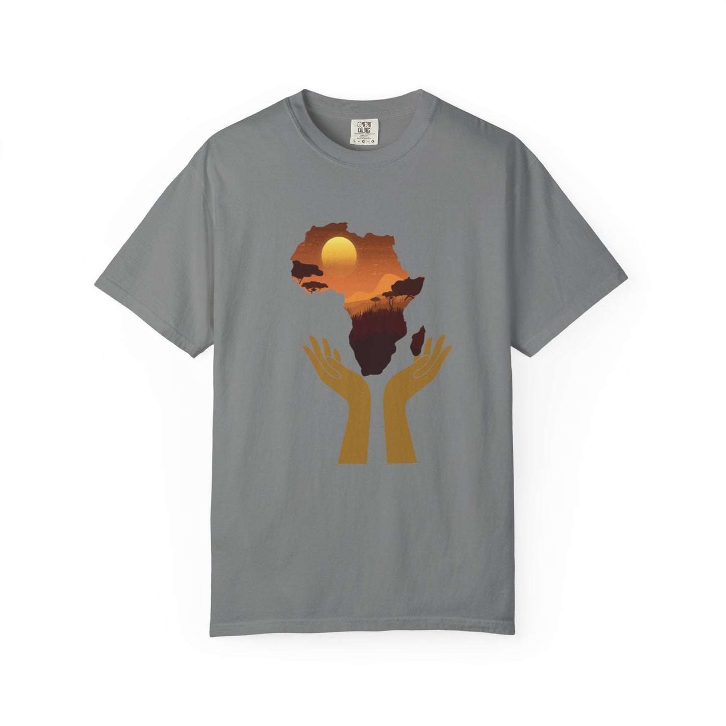 Gray Mashafrica T Shirt with africa map sunset graphic above uplifted hands eco inspired design