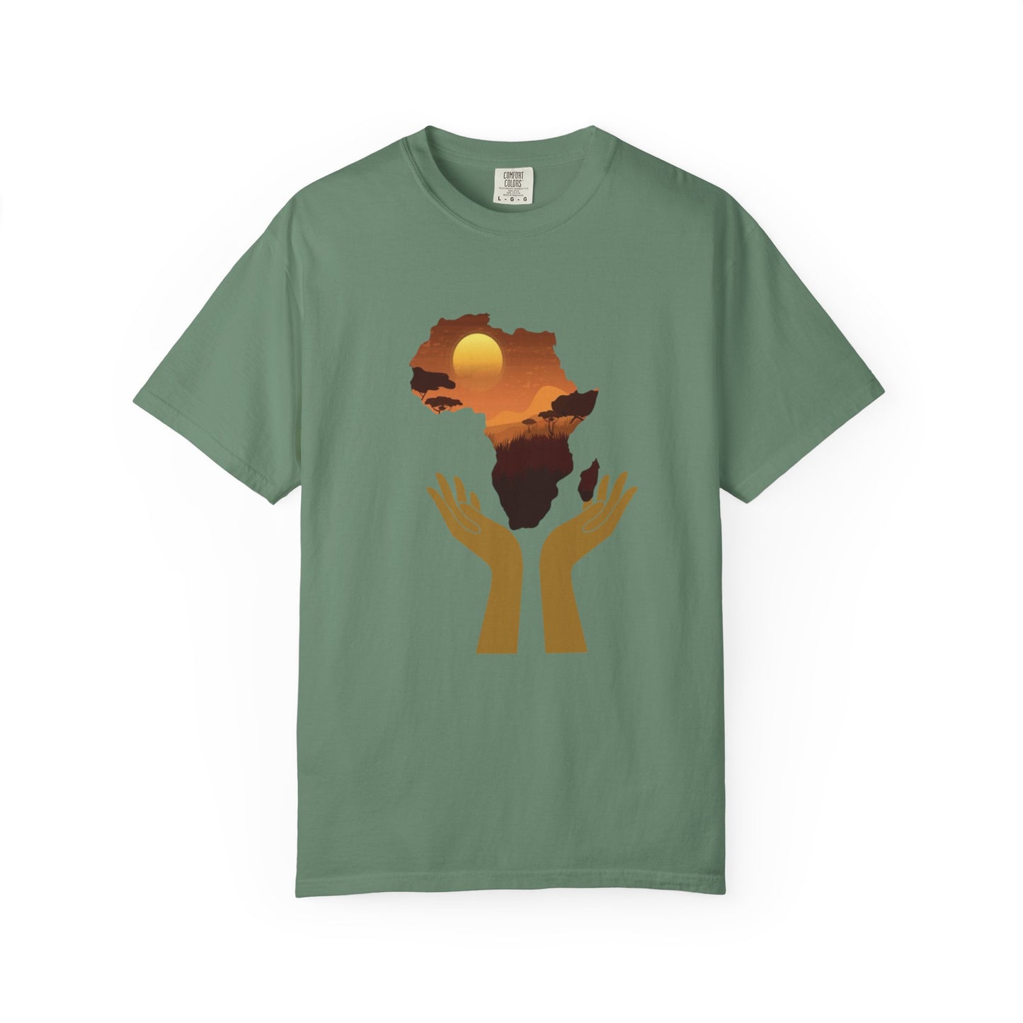 Mashafrica green T shirt with africa sunset silhouette and outstretched hands graphic for casual wear