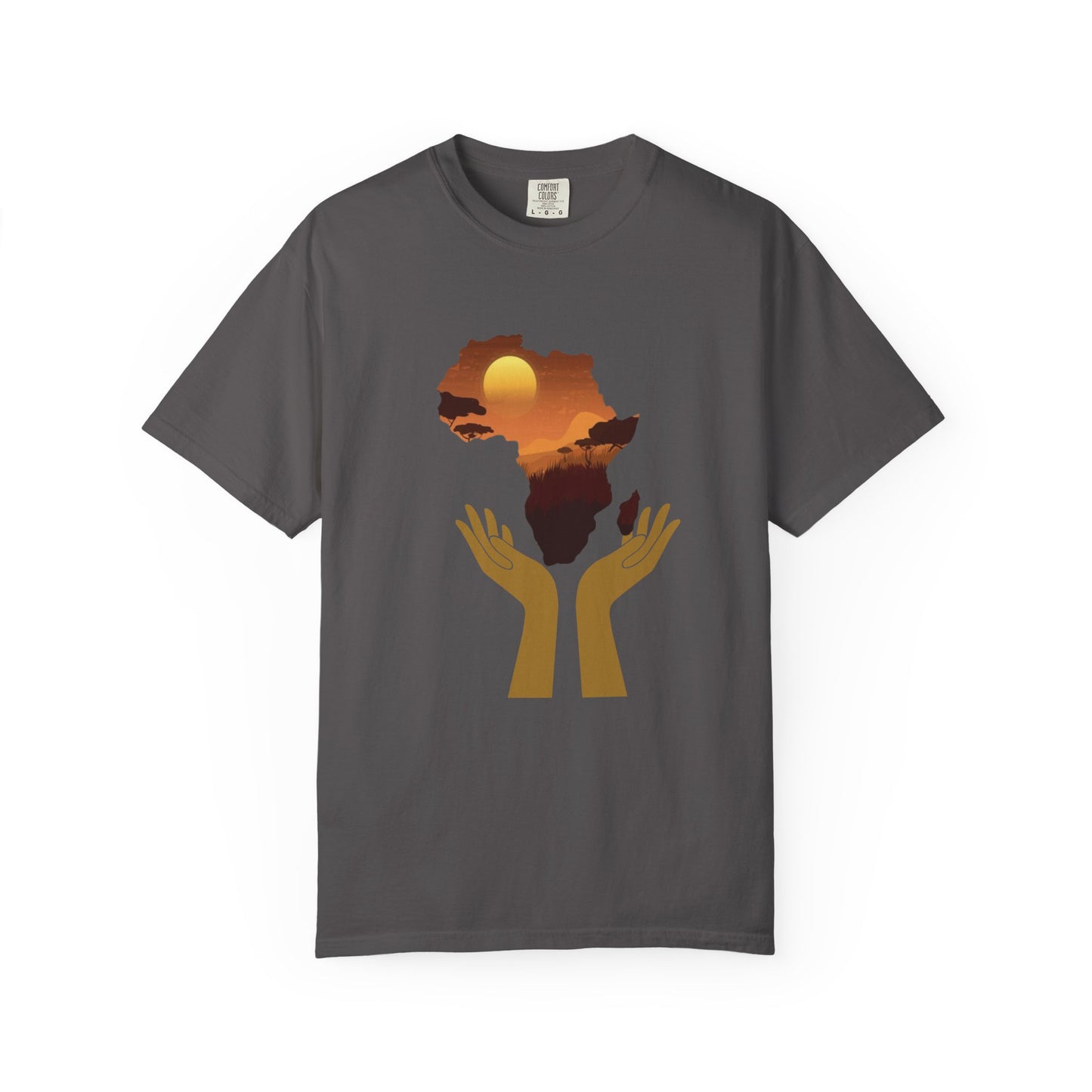 Gray Mashafrica T Shirt with africa silhouette sunset scene and raised golden hands graphic center front