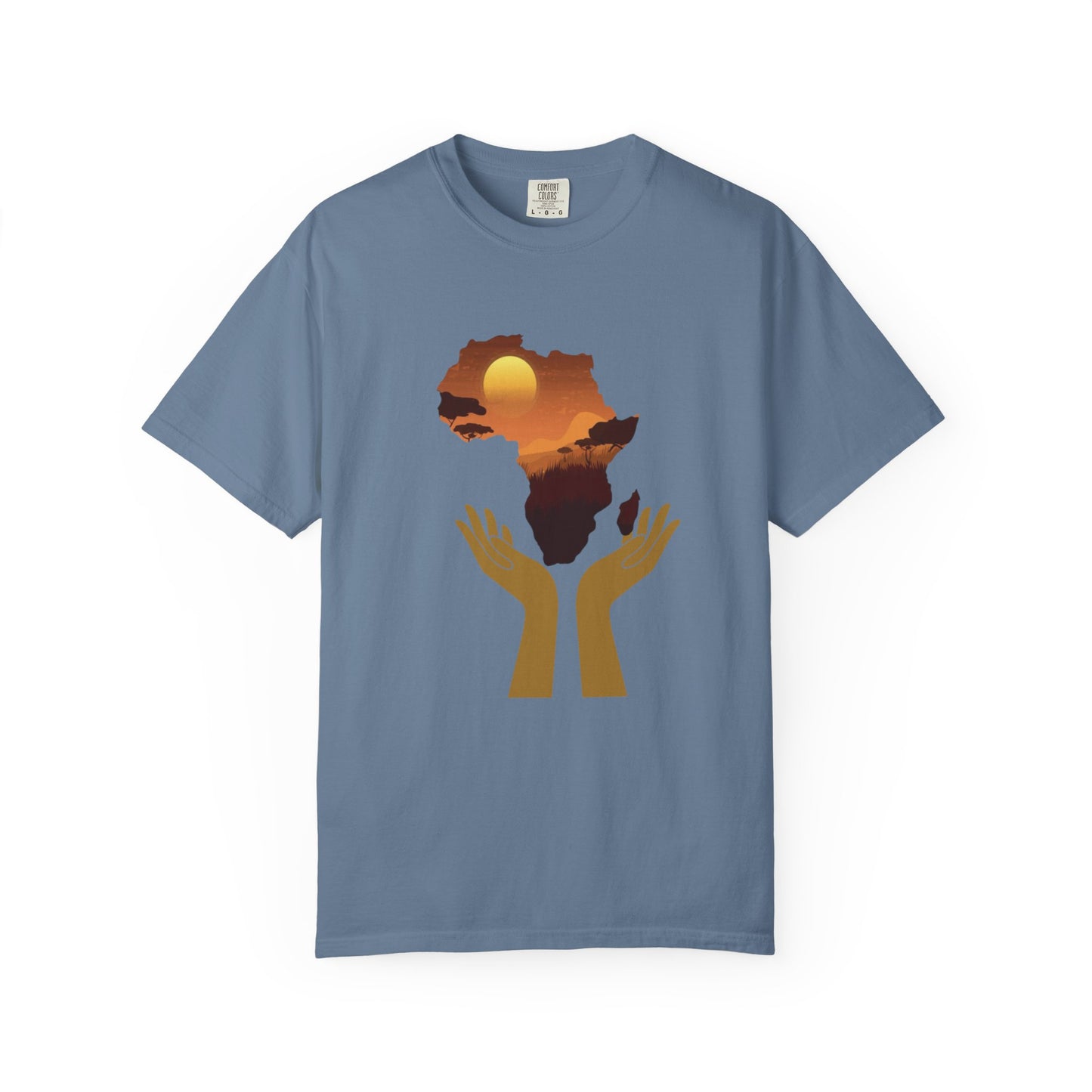 Mashafrica blue T shirt with africa silhouette sunset landscape and hands holding the continent graphic