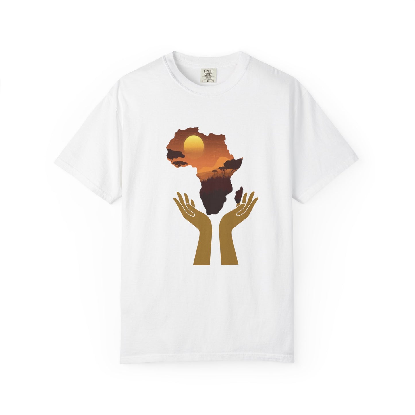 Mashafrica white T shirt with africa sunset silhouette and raised hands graphic on front