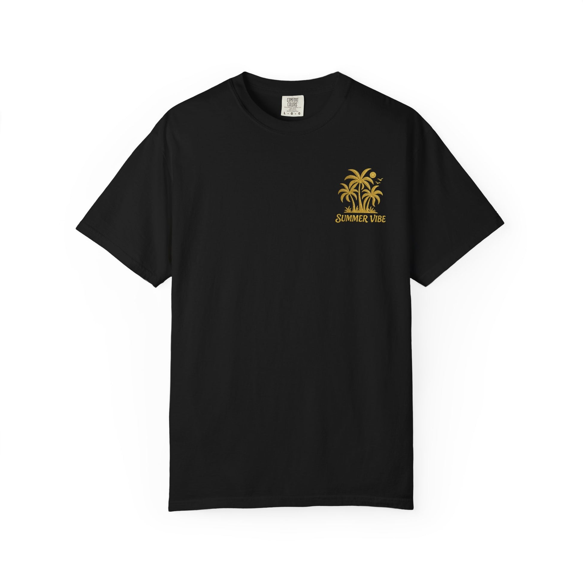 Mashafrica black cotton T shirt with small yellow palm tree chest print and summer vibe text