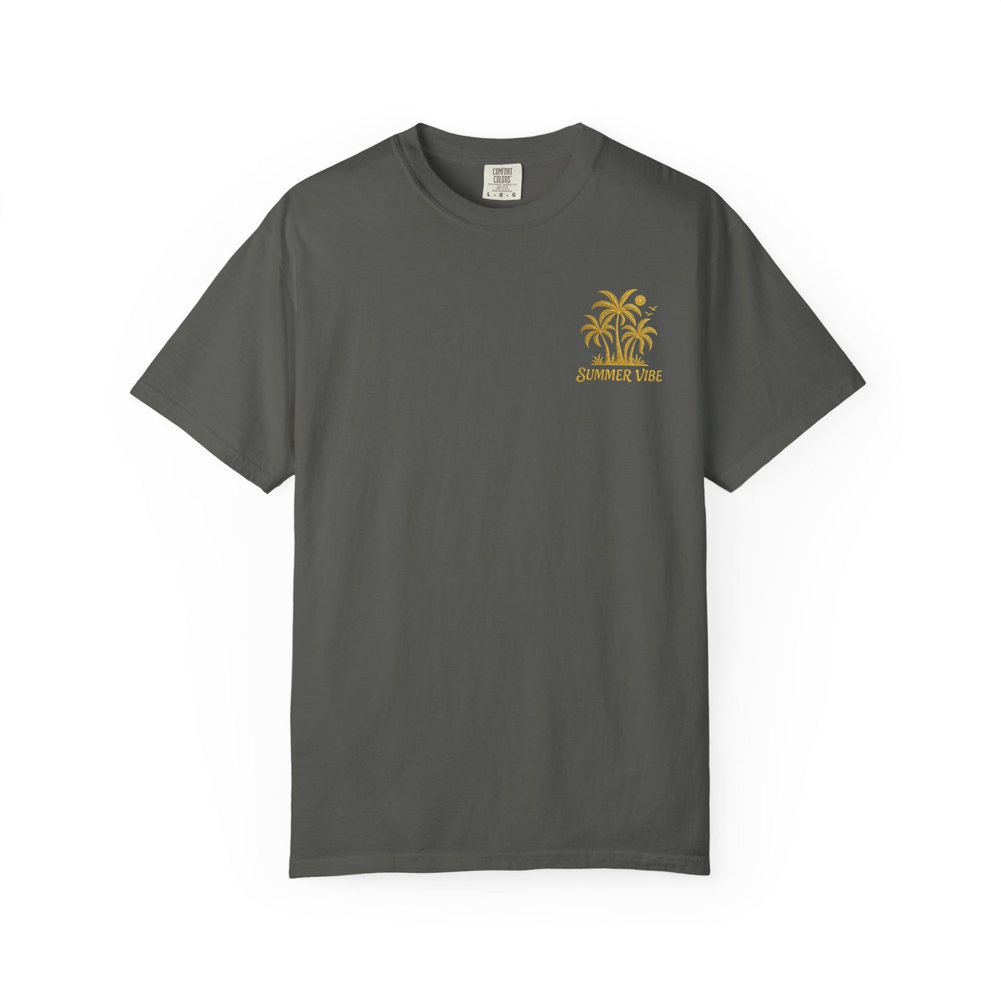 Mashafrica dark gray crewneck T shirt with small yellow palm tree logo and summer vibe chest print