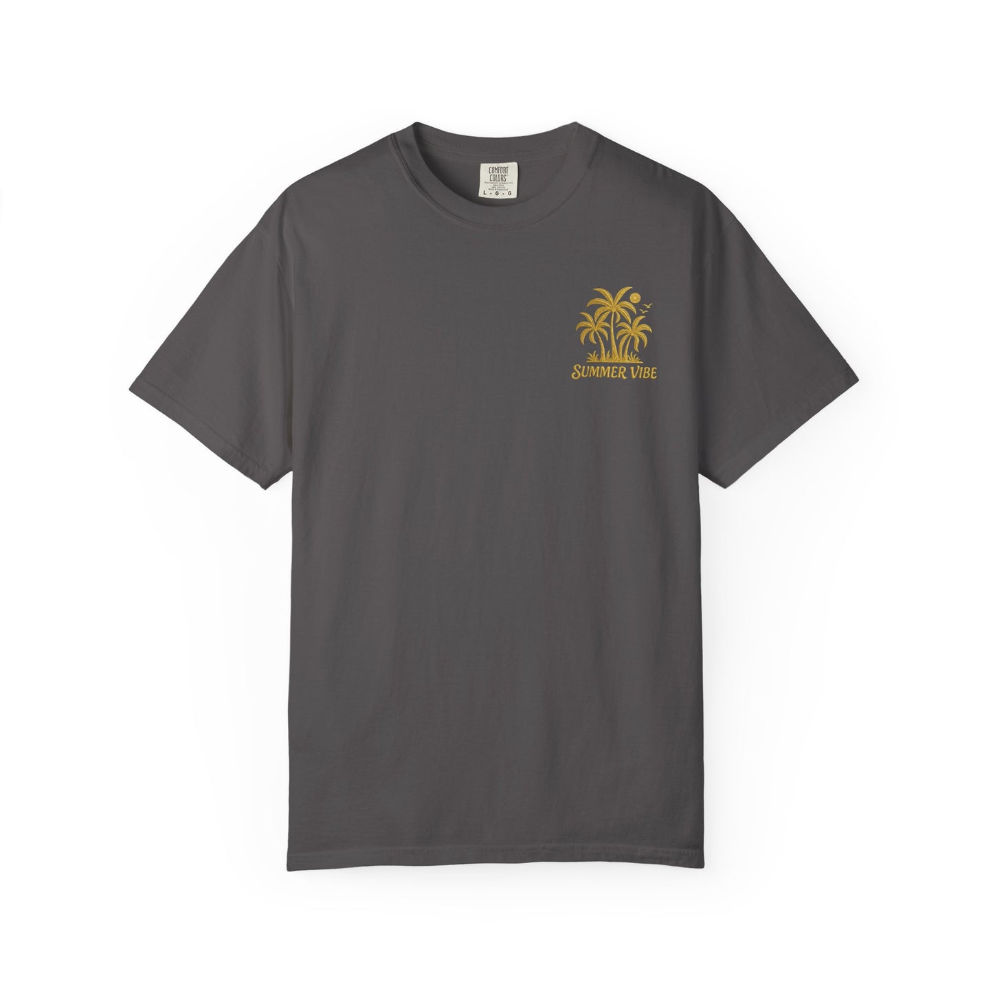 Mashafrica dark charcoal T shirt with yellow palm graphic and summer vibe text on left chest