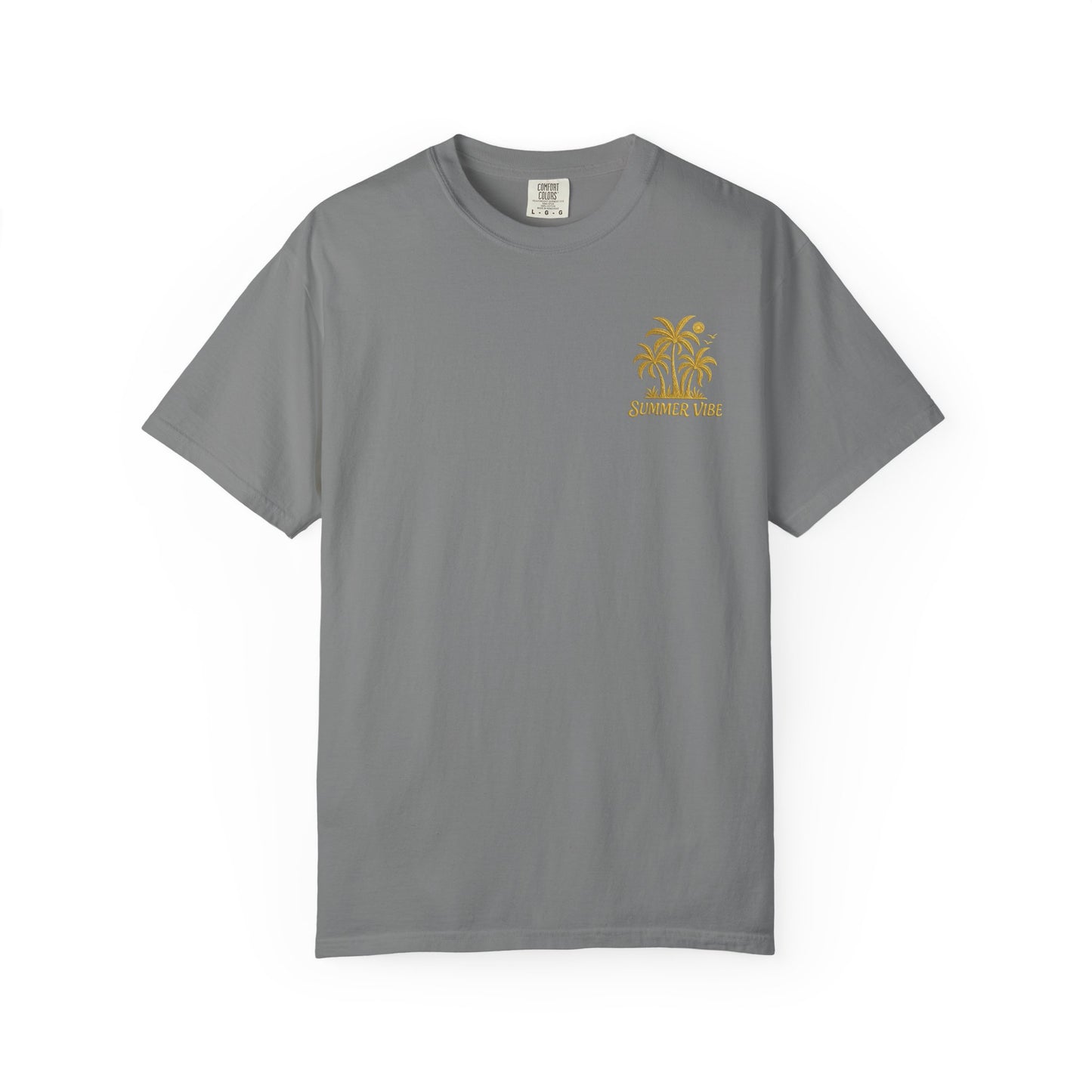 Mashafrica gray cotton T shirt with small yellow palm tree chest print and summer vibe text