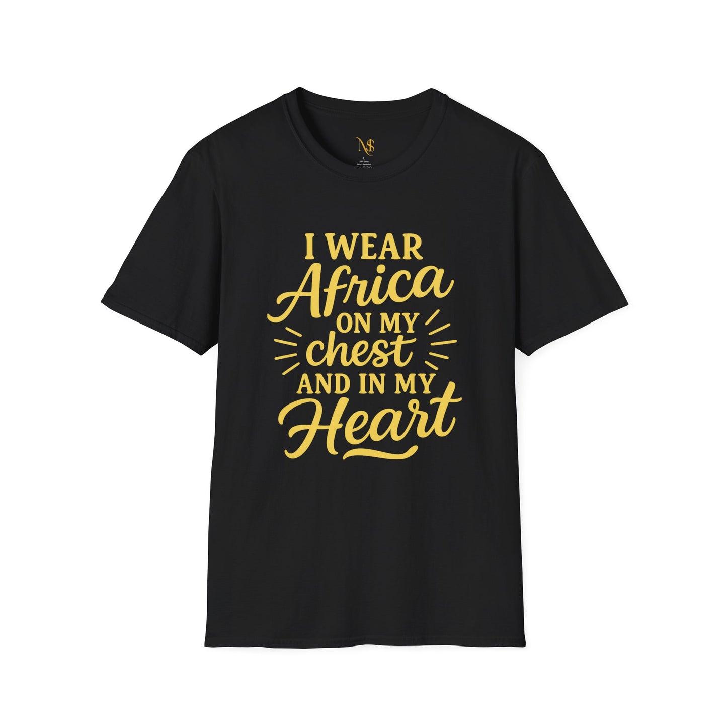 Mashafrica black Tshirt with yellow script slogan I wear africa on my chest and in my heart graphic tee