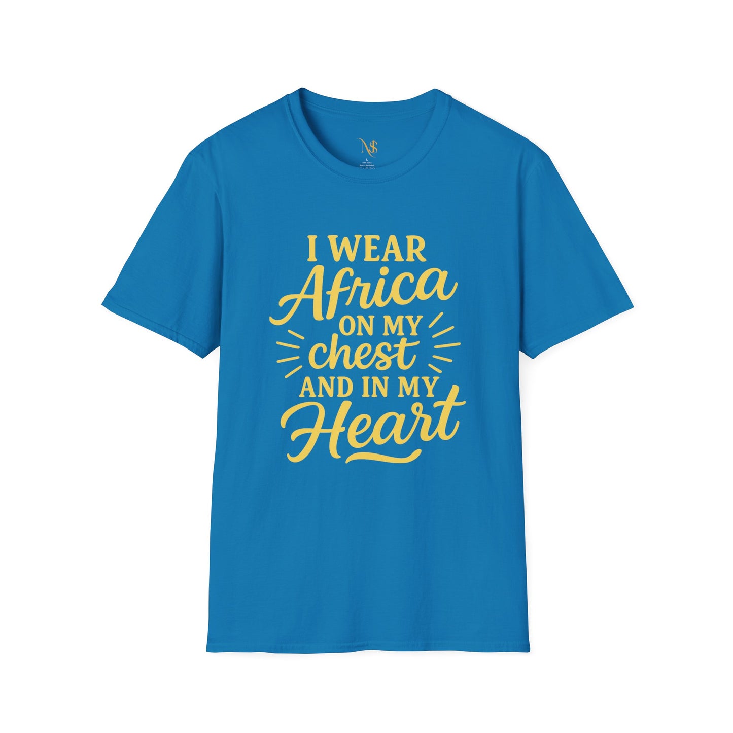 Mashafrica blue T shirt with yellow script reading I wear africa on my chest and in my heart
