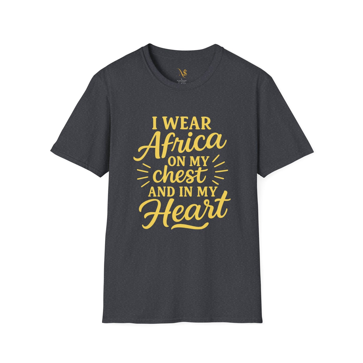 Mashafrica charcoal T shirt with yellow script reading I wear africa on my chest and in my heart