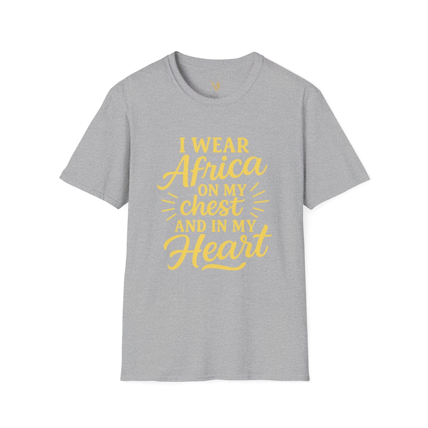 Mashafrica gray T shirt with yellow script reading I wear africa on my chest and in my heart