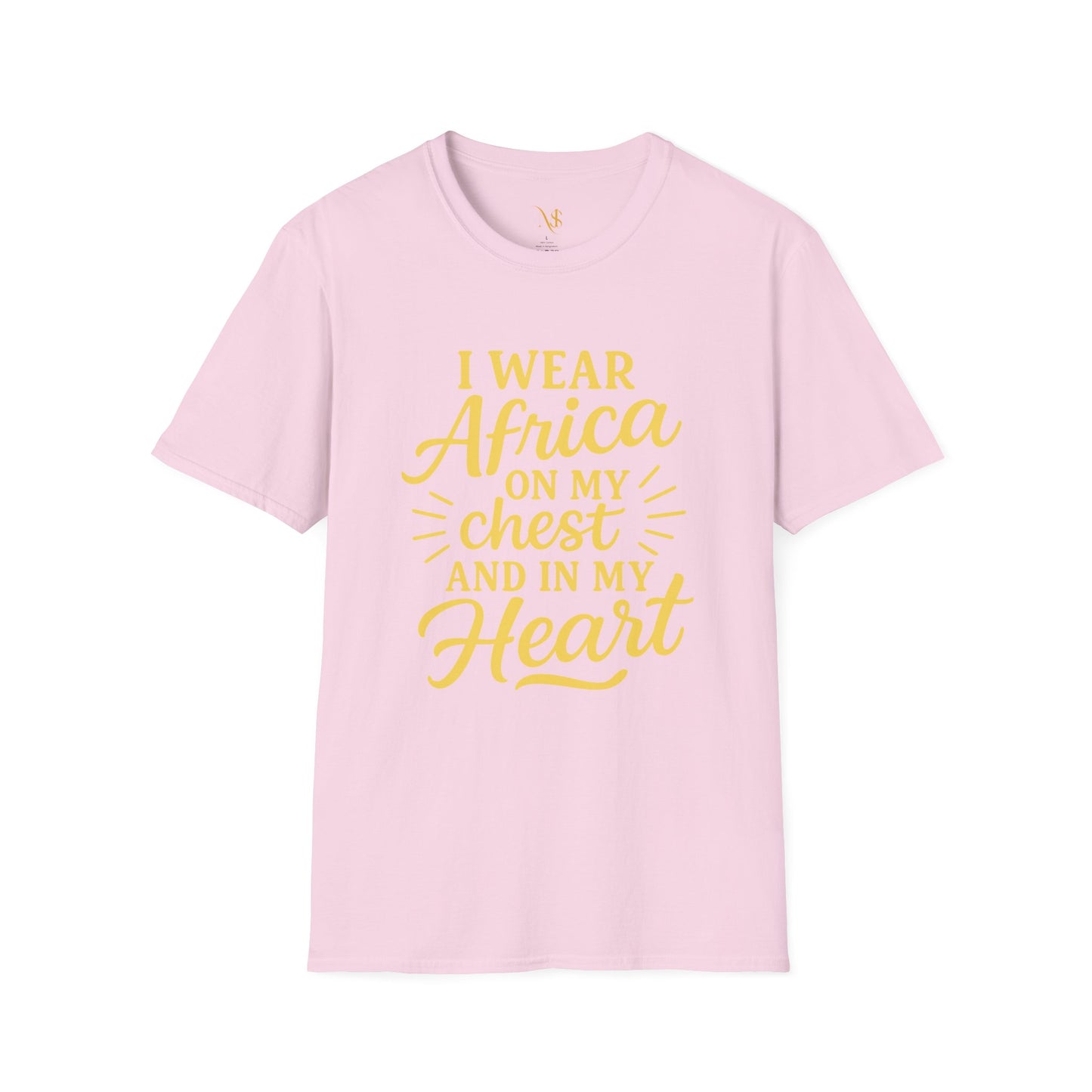 Mashafrica pink T shirt with yellow script saying I wear africa on my chest and in my heart