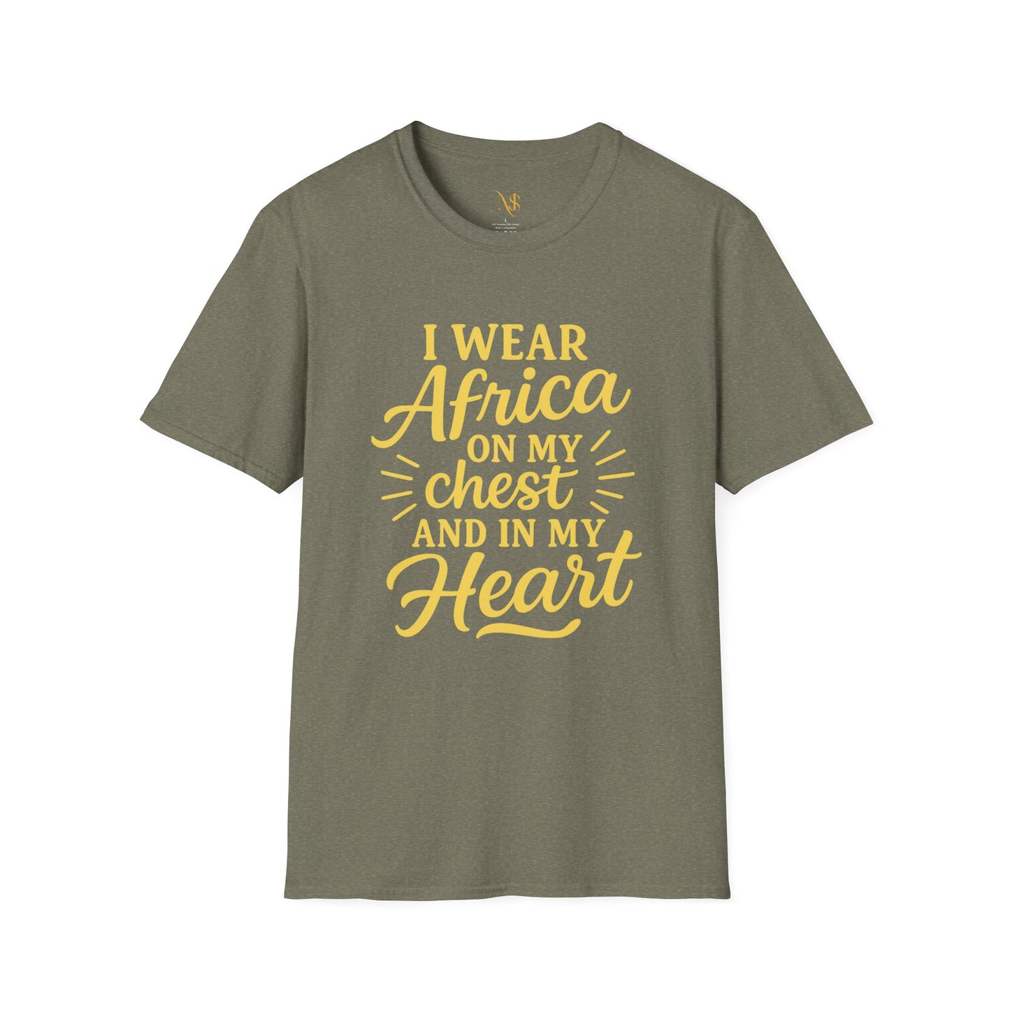 Mashafrica olive green t shirt with yellow script reading I wear africa on my chest and in my heart