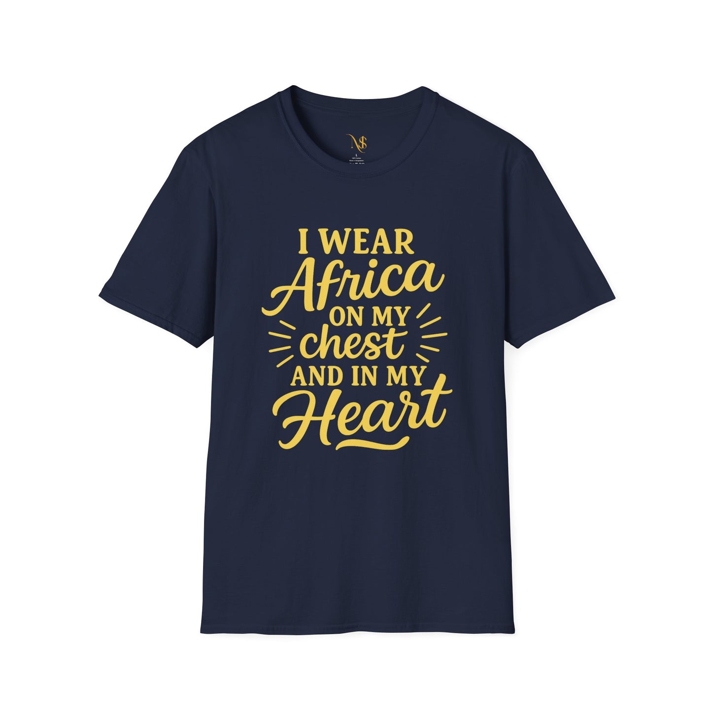 Mashafrica navy t shirt with yellow script reading I wear africa on my chest and in my heart