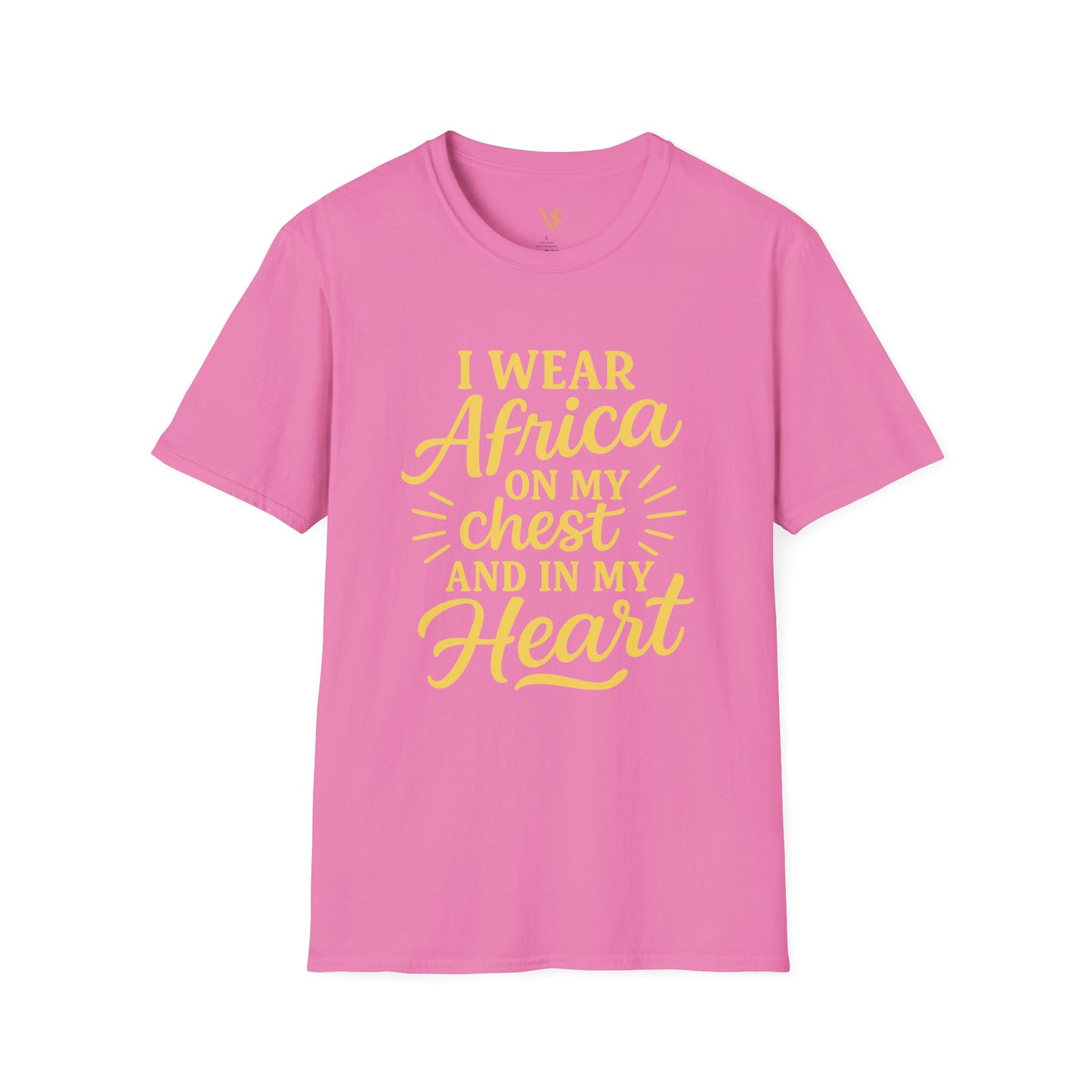 Mashafrica pink T shirt with yellow script text I wear africa on my chest and in my heart soft cotton tee