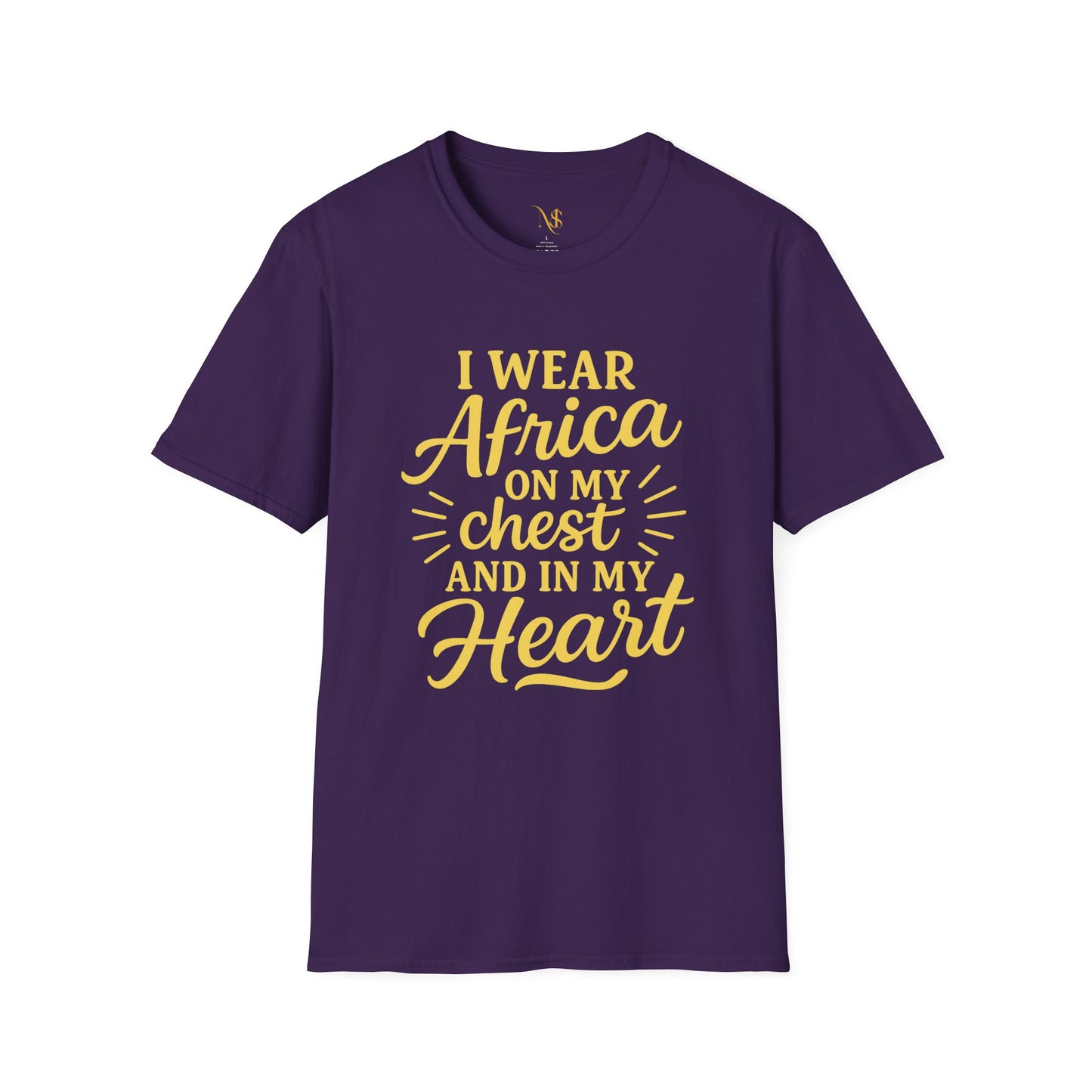 Mashafrica purple cotton t shirt with yellow script reading I wear africa on my chest and in my heart