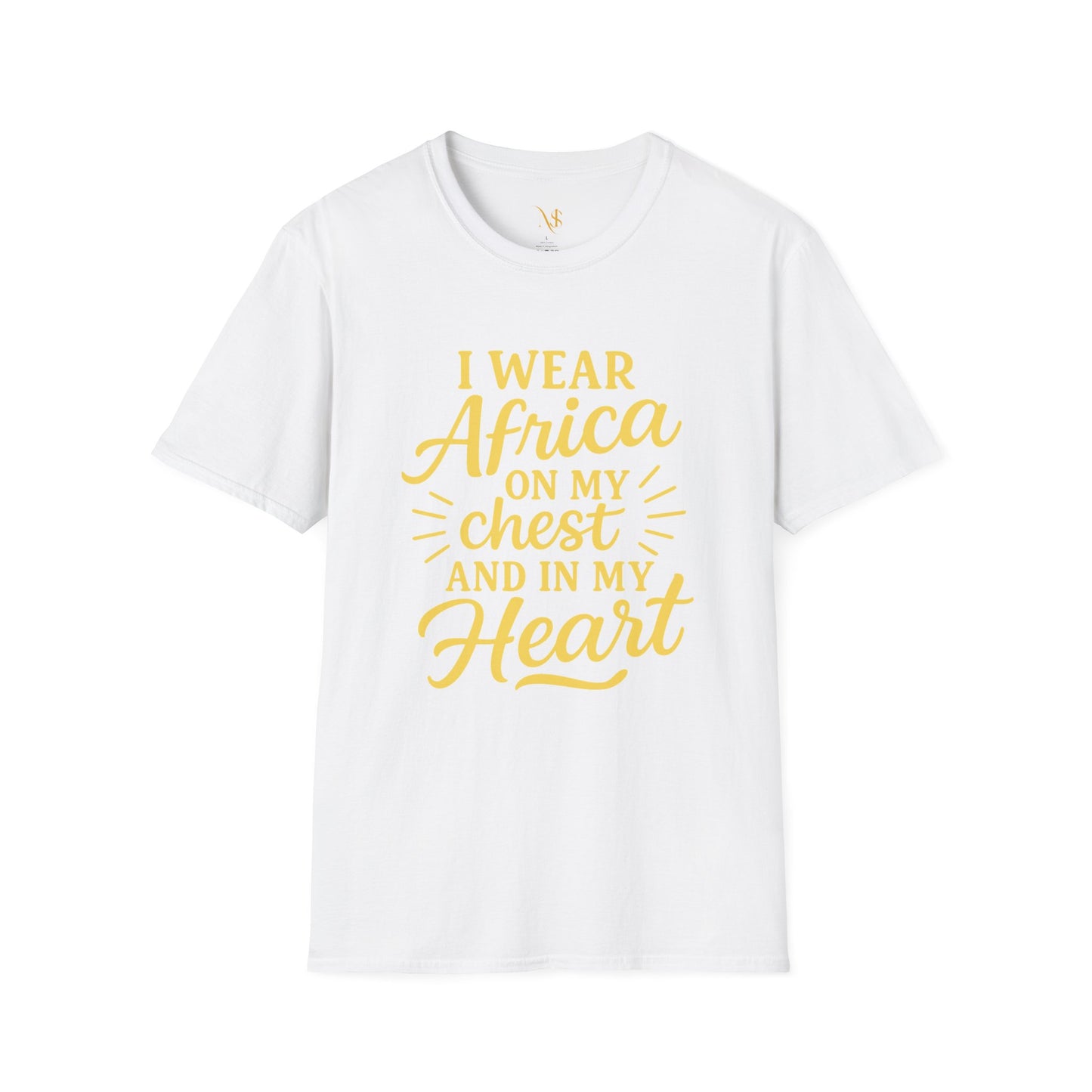 Mashafrica white t shirt with yellow slogan I wear africa on my chest and in my heart crew neck casual tee