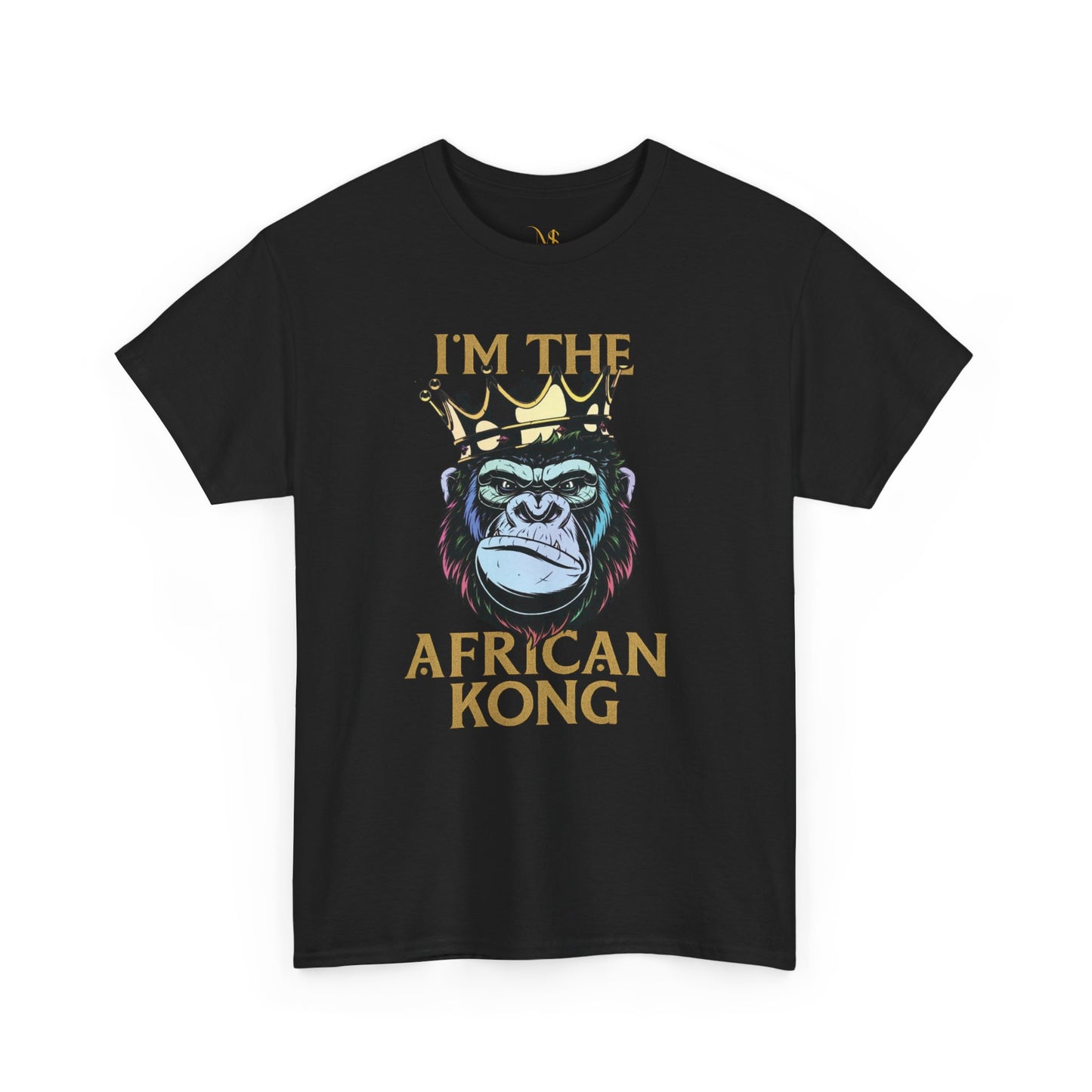 Mashafrica black T-shirt with crowned gorilla graphic and I am the African Kong text celebrating africa style
