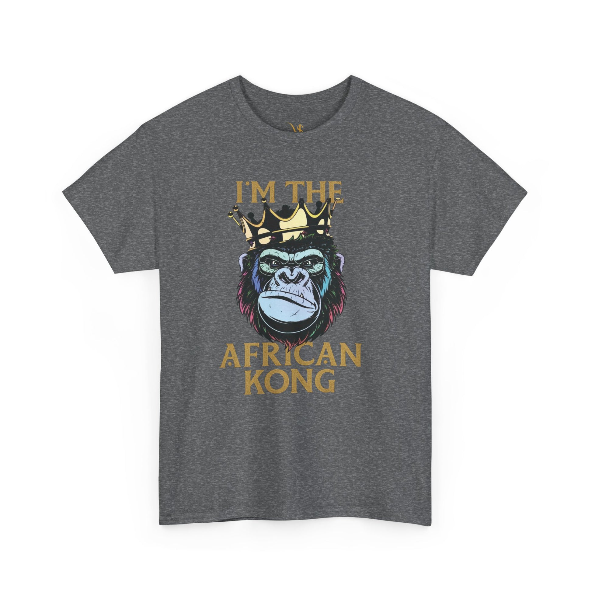 Gray Mashafrica T shirt with crowned gorilla graphic and Im the African Kong text celebrating africa heritage