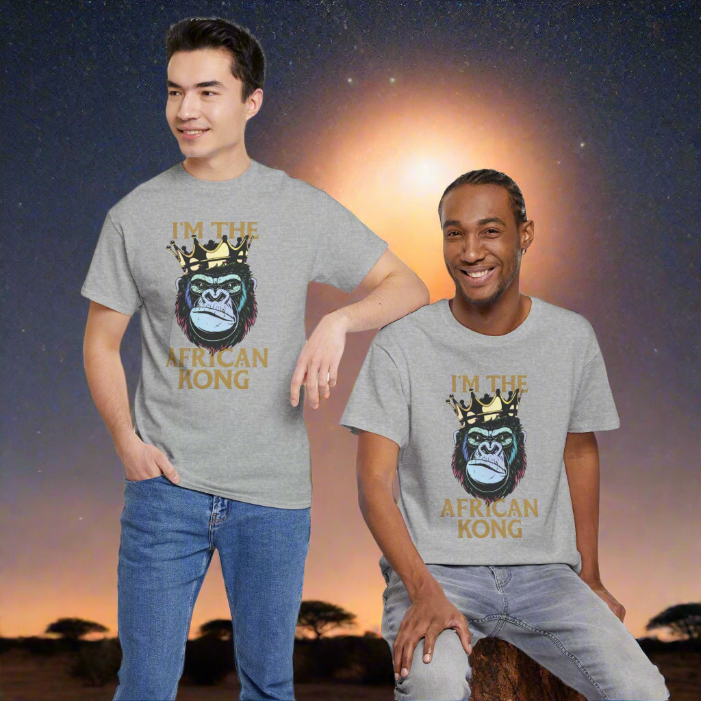 Mashafrica gray T shirt with crowned gorilla graphic and Im the African Kong text worn by two men africa