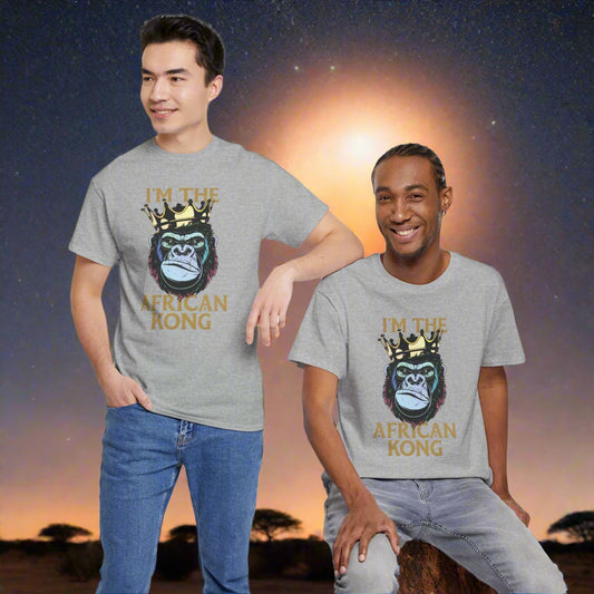 Mashafrica gray T shirt with crowned gorilla graphic and Im the African Kong text worn by two men africa