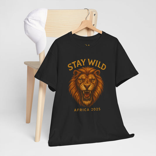 Black Mashafrica-style T-shirt with roaring lion graphic and Stay Wild Africa 2025 text