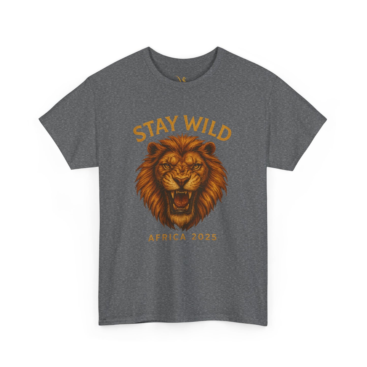 Mashafrica-style gray T-shirt with fierce lion graphic and Stay Wild Africa 2025 text