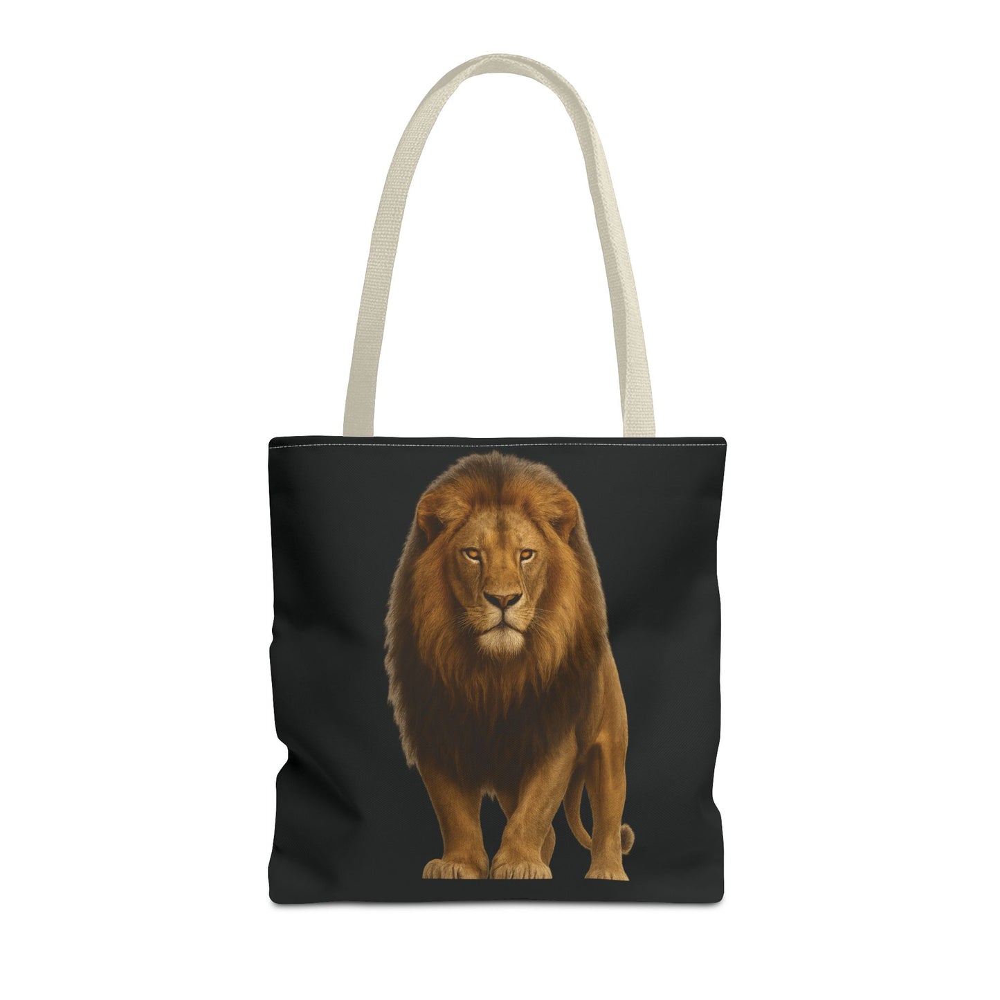 Mashafrica tote bag with realistic lion print on black canvas and natural shoulder straps for everyday use