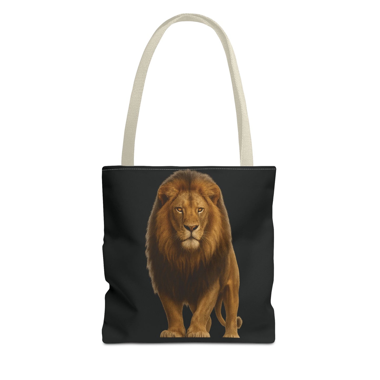 Mashafrica tote bag with realistic lion print on black canvas and natural canvas straps for everyday use
