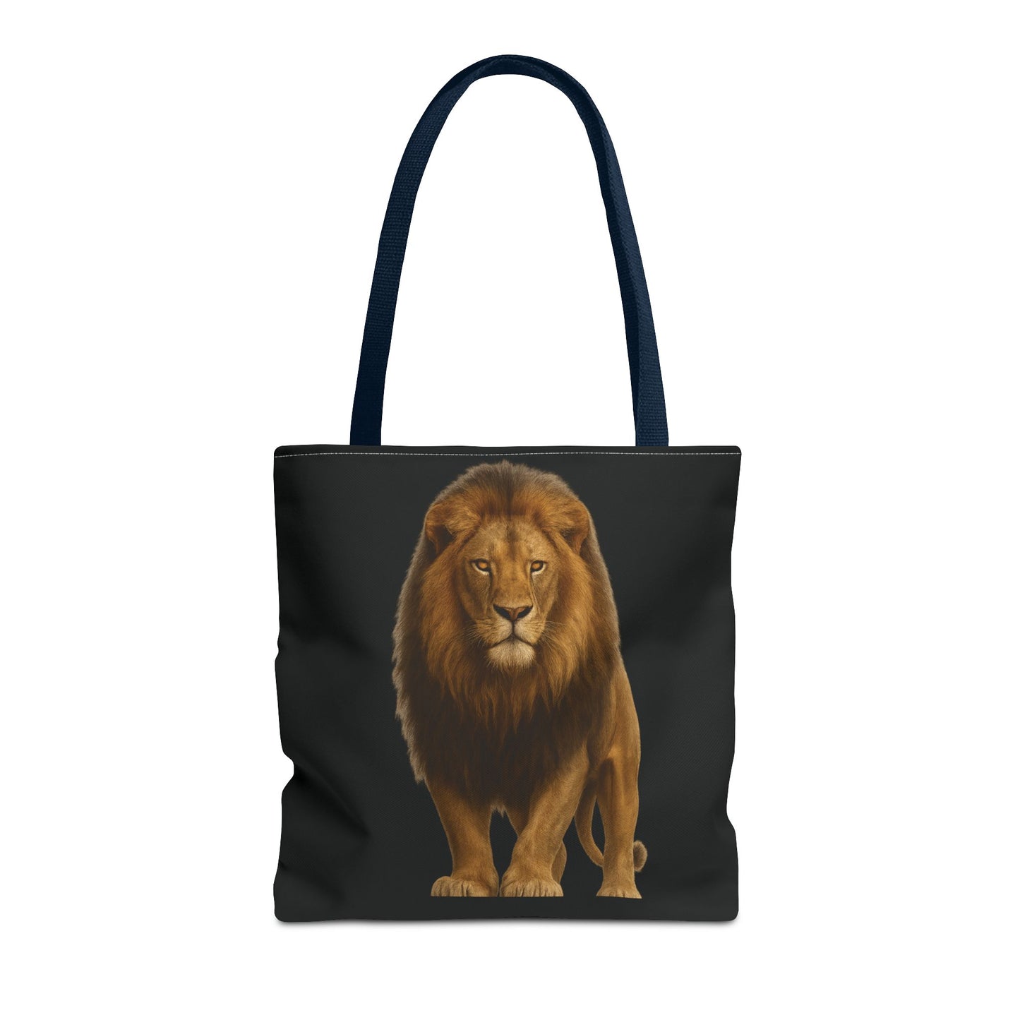 Mashafrica black tote bag with realistic standing lion print and navy shoulder straps for everyday use