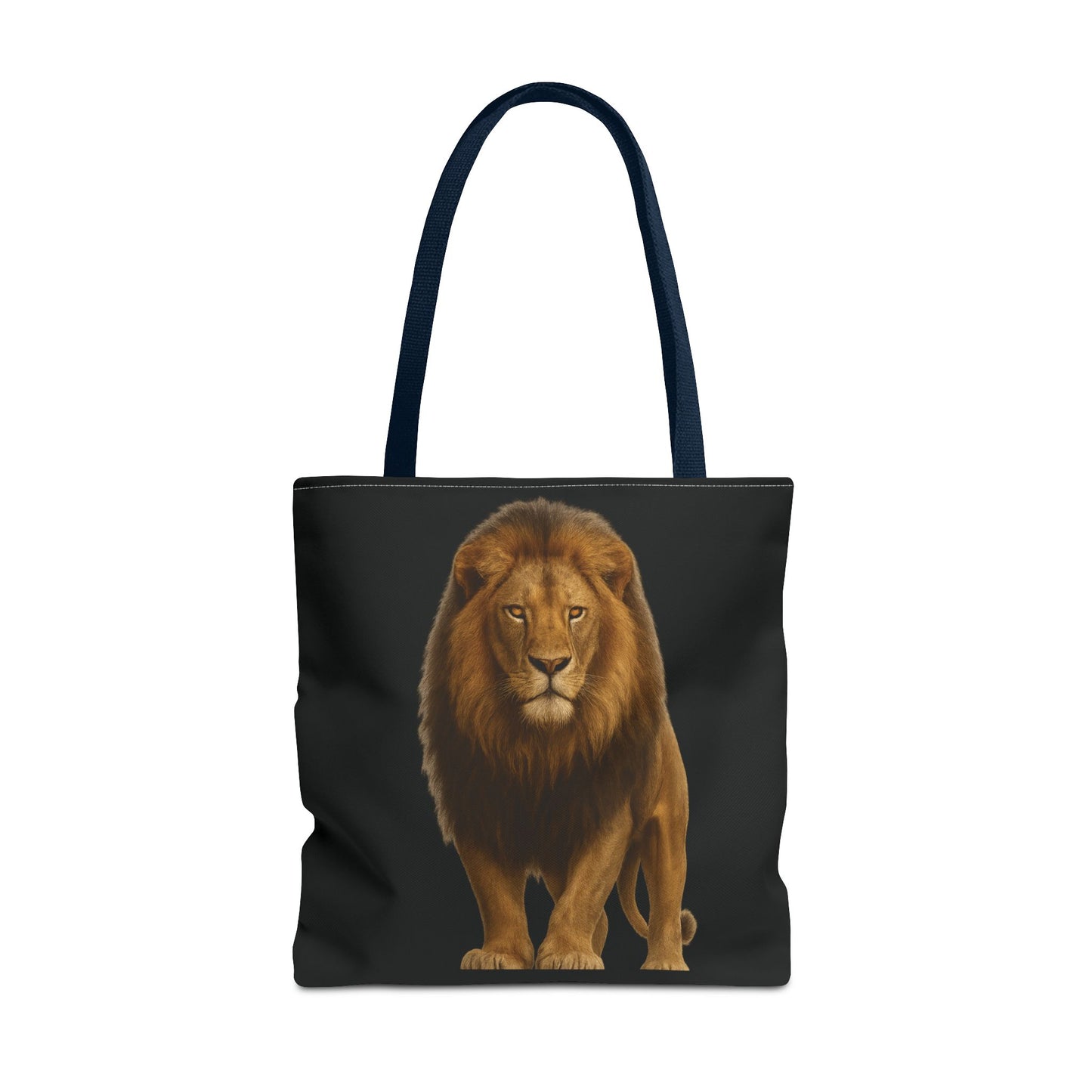 Mashafrica black tote bag with realistic lion print front and long navy straps for everyday use