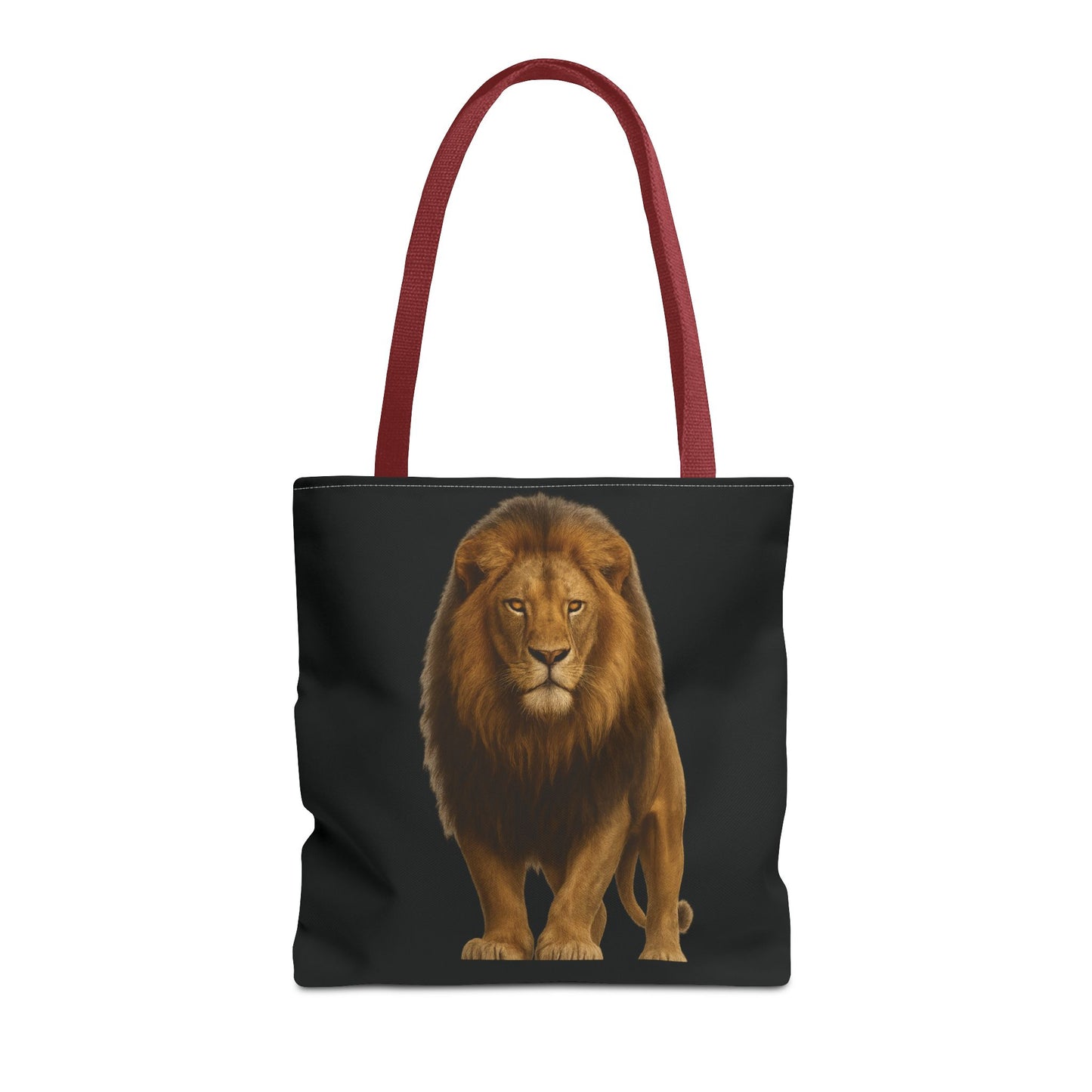 Mashafrica black canvas tote bag with realistic standing lion print and red shoulder straps for everyday use