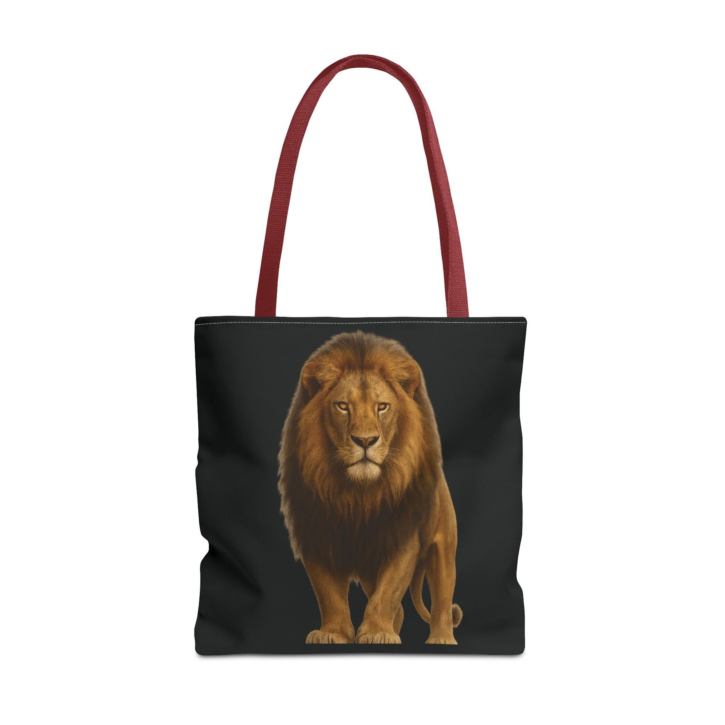 Mashafrica black tote bag with red handles featuring realistic standing lion print for everyday use