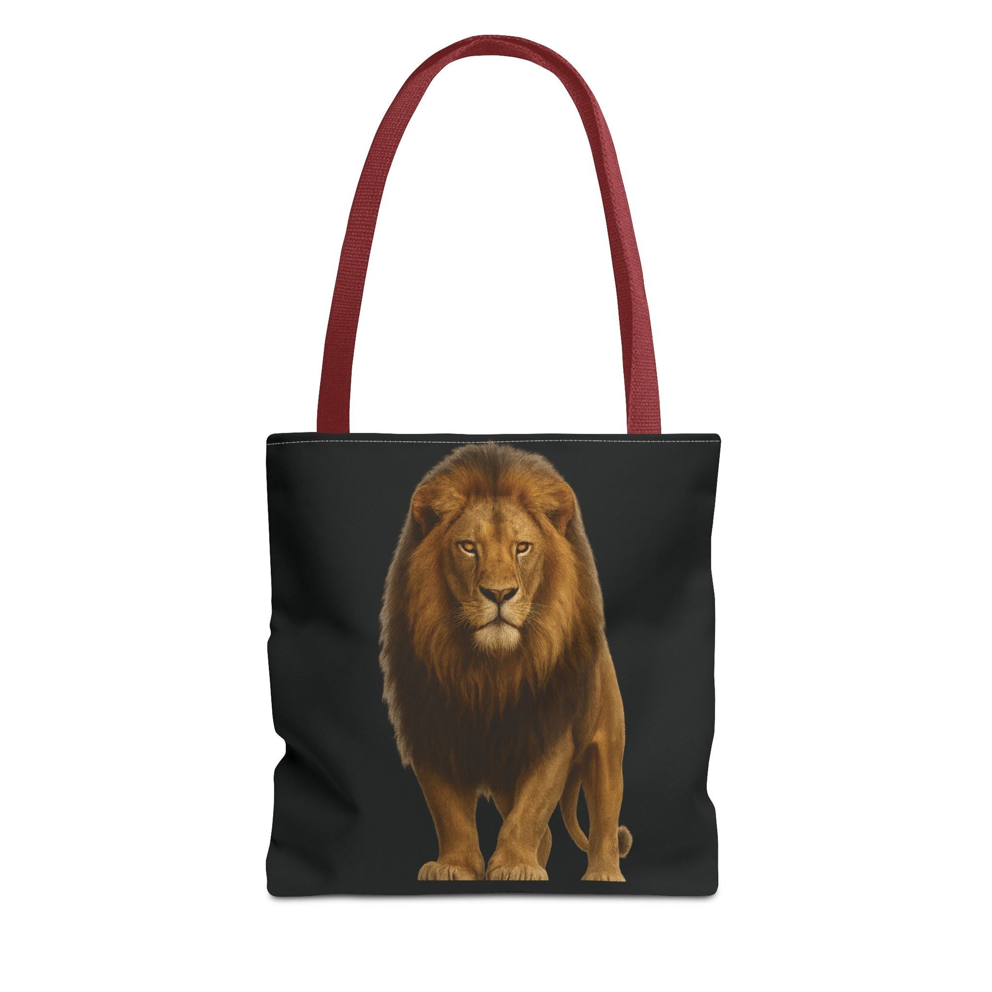 Mashafrica tote bag black with long red handles featuring realistic standing lion print front