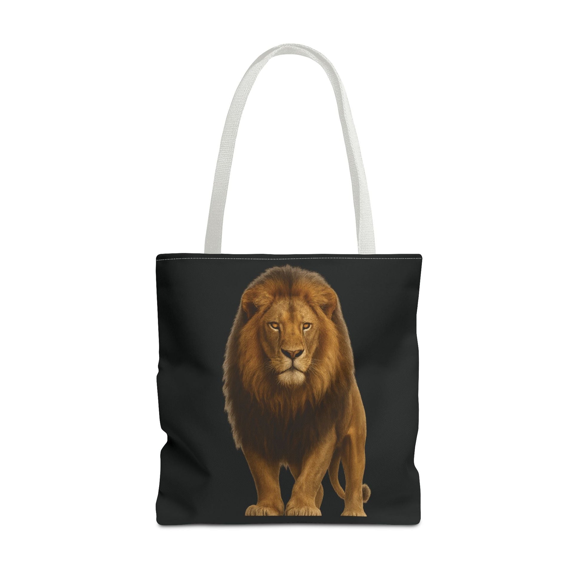 Mashafrica black tote bag with realistic standing lion print on front and white shoulder handles